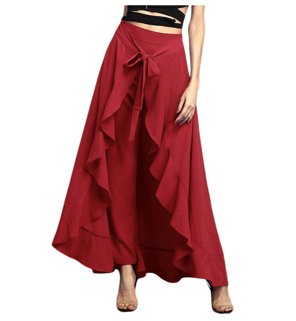 Women Ruffle Palazzo Pants High Waist Causal Drawstring Trouser Elegant Irregular Hem Pant Summer Loose Solid Female Pant Skirt