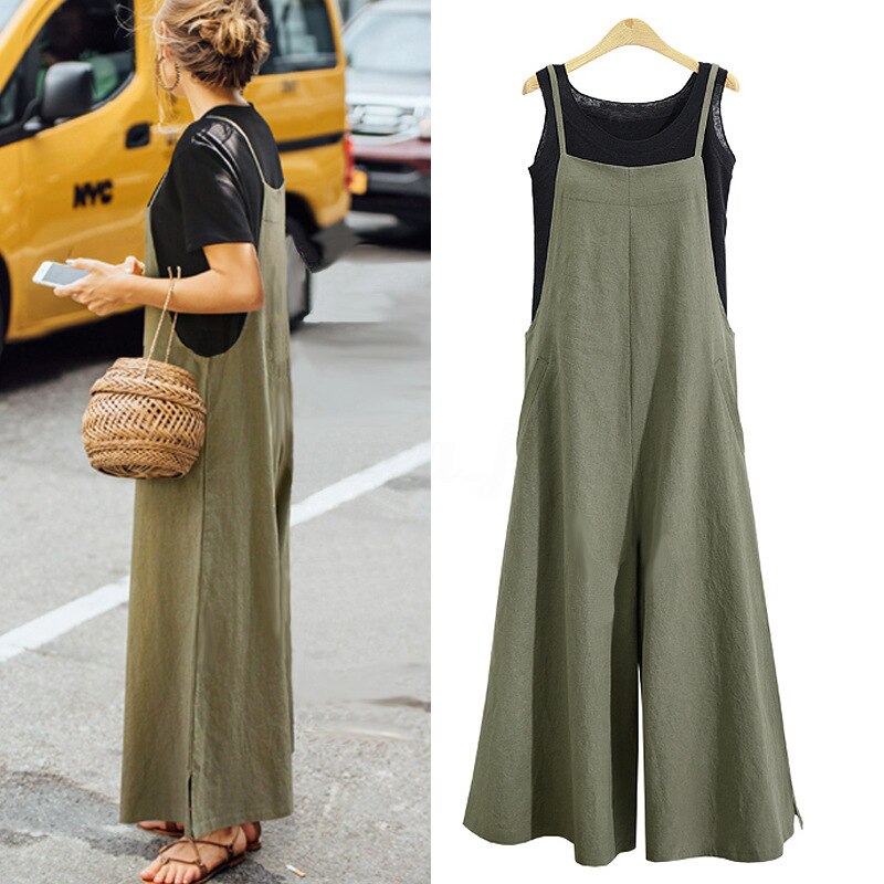 Women Sleeveless Straps Jumpsuits Summer Wide Leg Trousers Dungaree Bib Overalls Solid Loose Rompers Casual Plus Size Pants