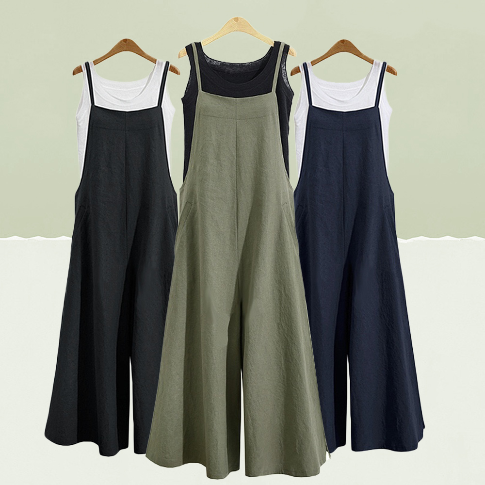 Women Sleeveless Straps Jumpsuits Summer Wide Leg Trousers Dungaree Bib Overalls Solid Loose Rompers Casual Plus Size Pants