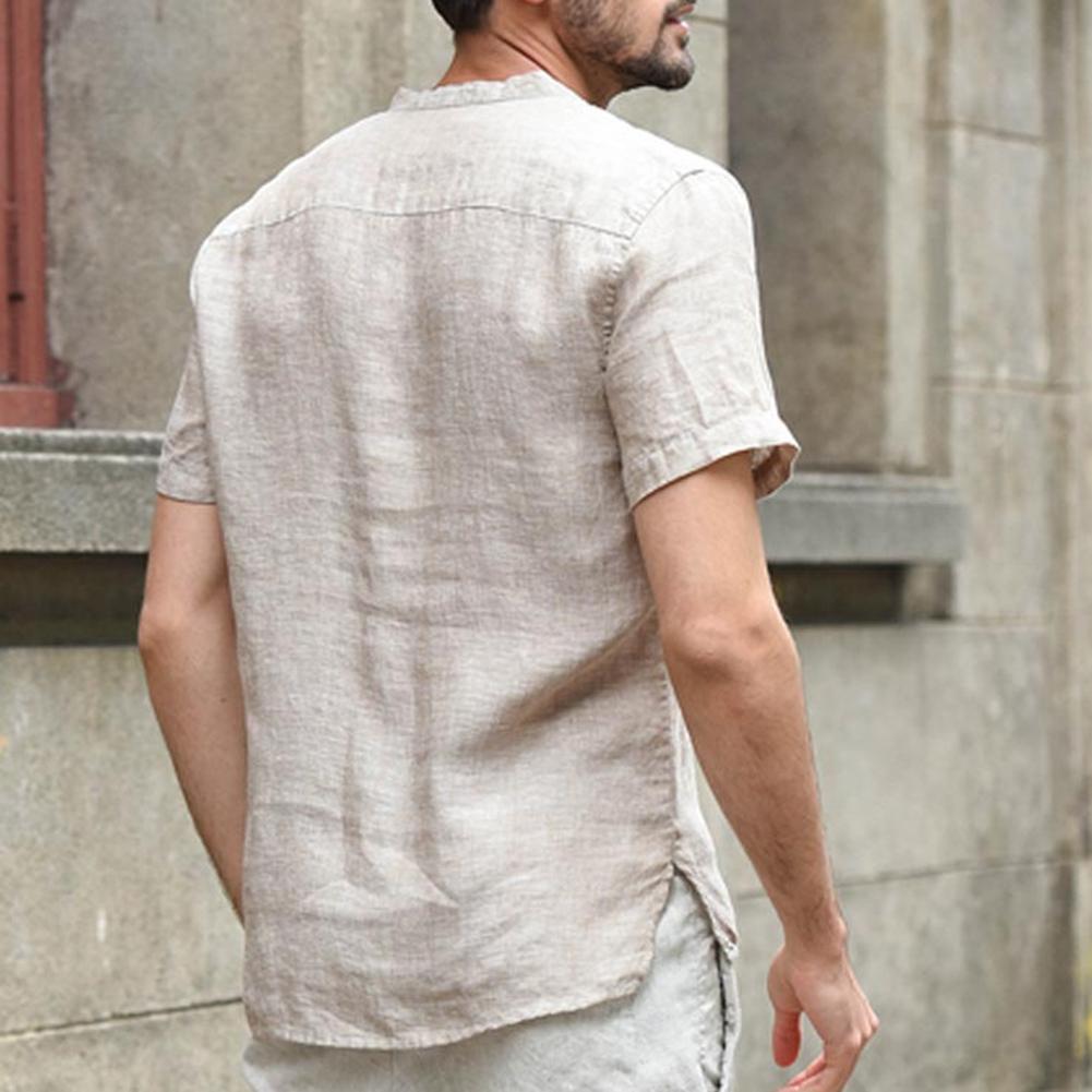 Men Solid Color Polyester Button V Neck Patch Pocket Linen Short Sleeve Plus Size Shirt Summer Top Men Solid Color Polyester Button V Neck Patch Pocket Linen Short Sleeve Plus Size Shirt Summer Top