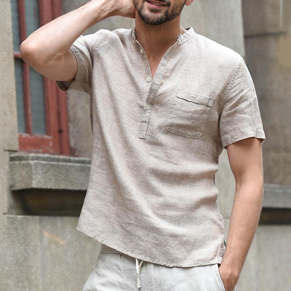 Men Solid Color Polyester Button V Neck Patch Pocket Linen Short Sleeve Plus Size Shirt Summer Top Men Solid Color Polyester Button V Neck Patch Pocket Linen Short Sleeve Plus Size Shirt Summer Top