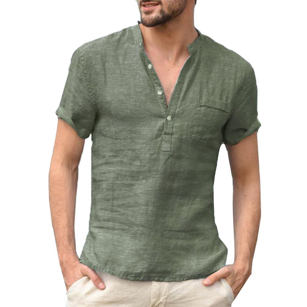 Men Solid Color Polyester Button V Neck Patch Pocket Linen Short Sleeve Plus Size Shirt Summer Top Men Solid Color Polyester Button V Neck Patch Pocket Linen Short Sleeve Plus Size Shirt Summer Top