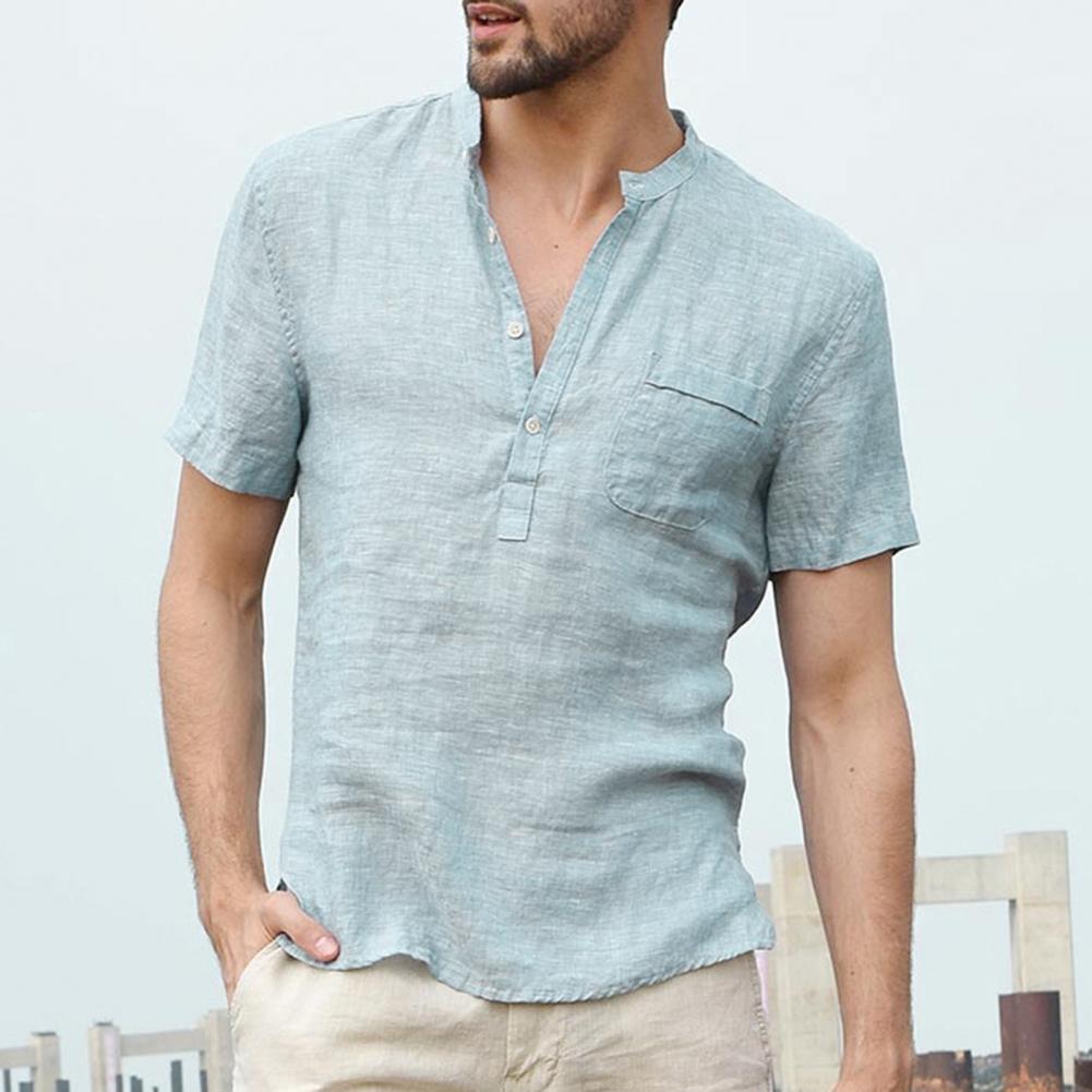 Men Solid Color Polyester Button V Neck Patch Pocket Linen Short Sleeve Plus Size Shirt Summer Top Men Solid Color Polyester Button V Neck Patch Pocket Linen Short Sleeve Plus Size Shirt Summer Top