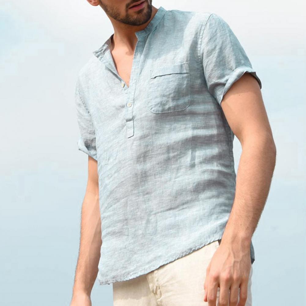Men Solid Color Polyester Button V Neck Patch Pocket Linen Short Sleeve Plus Size Shirt Summer Top Men Solid Color Polyester Button V Neck Patch Pocket Linen Short Sleeve Plus Size Shirt Summer Top