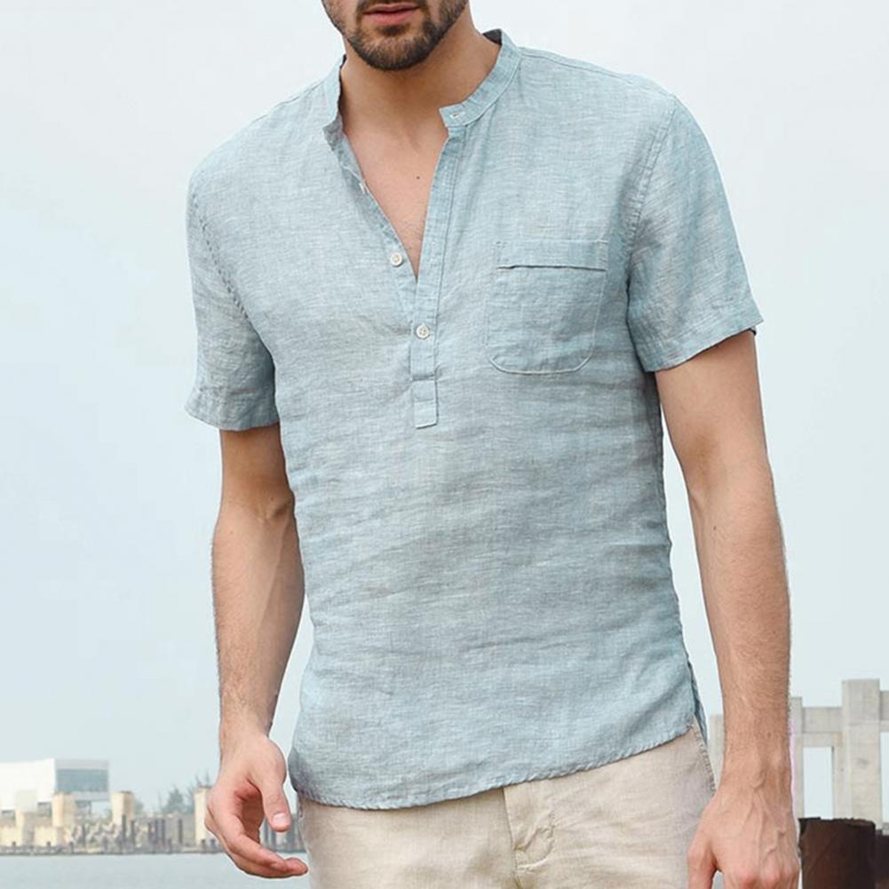 Men Solid Color Polyester Button V Neck Patch Pocket Linen Short Sleeve Plus Size Shirt Summer Top Men Solid Color Polyester Button V Neck Patch Pocket Linen Short Sleeve Plus Size Shirt Summer Top