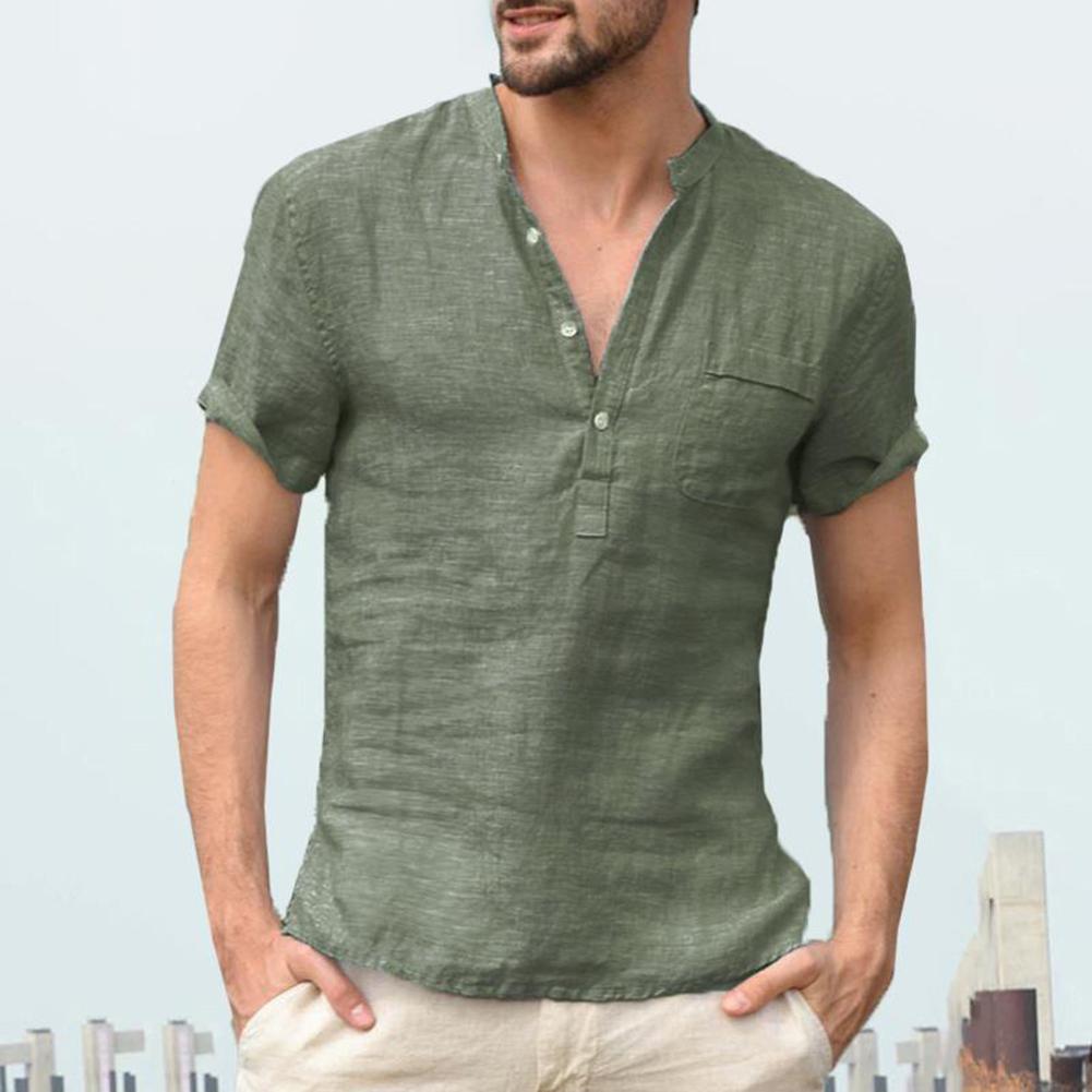 Men Solid Color Polyester Button V Neck Patch Pocket Linen Short Sleeve Plus Size Shirt Summer Top Men Solid Color Polyester Button V Neck Patch Pocket Linen Short Sleeve Plus Size Shirt Summer Top