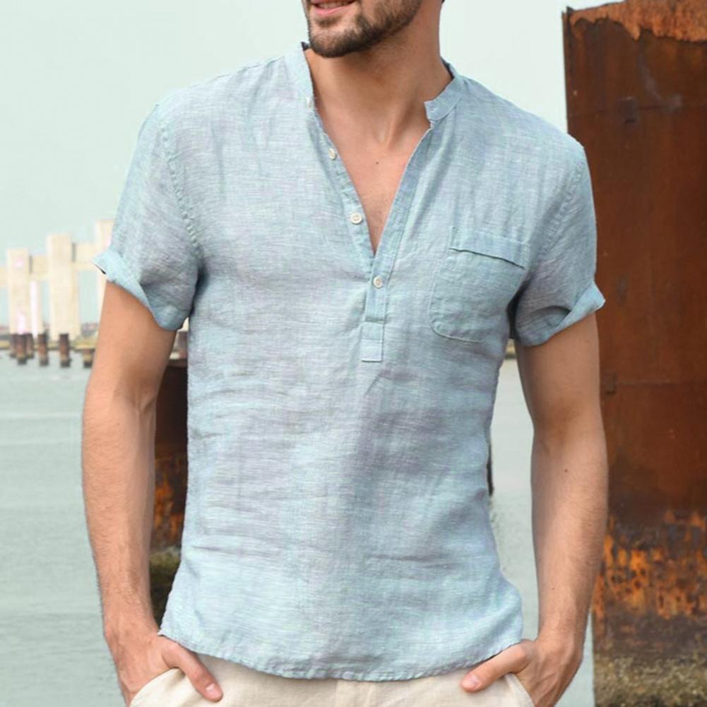 Men Solid Color Polyester Button V Neck Patch Pocket Linen Short Sleeve Plus Size Shirt Summer Top Men Solid Color Polyester Button V Neck Patch Pocket Linen Short Sleeve Plus Size Shirt Summer Top