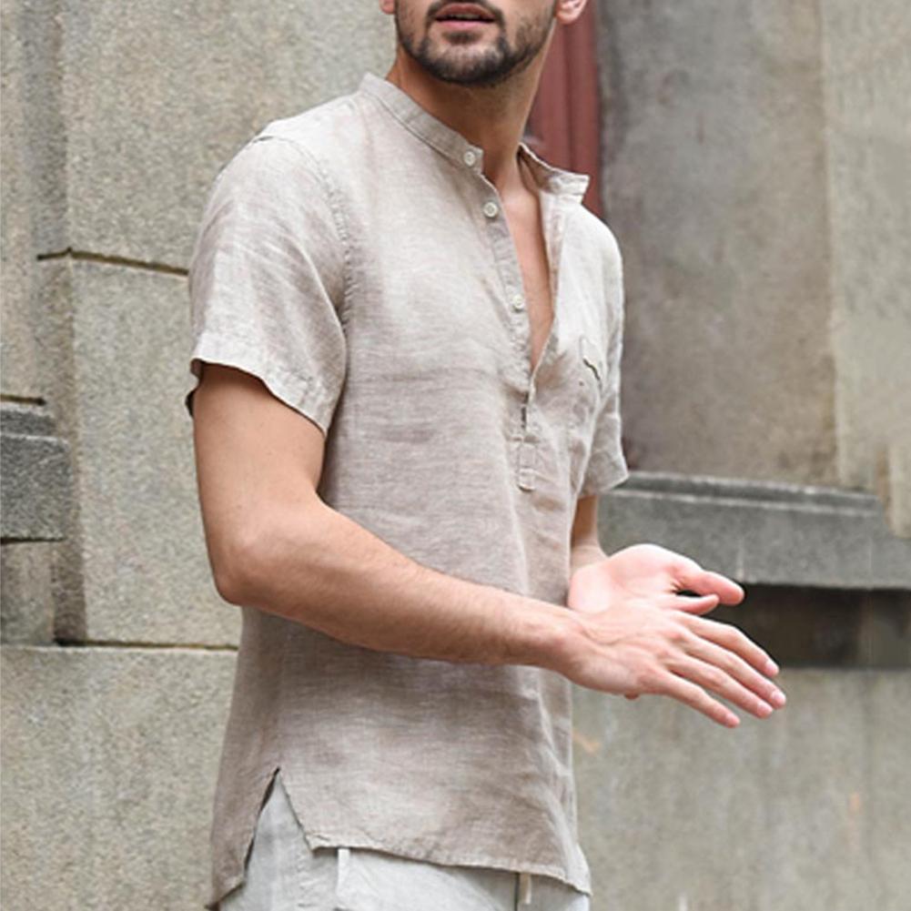 Men Solid Color Polyester Button V Neck Patch Pocket Linen Short Sleeve Plus Size Shirt Summer Top Men Solid Color Polyester Button V Neck Patch Pocket Linen Short Sleeve Plus Size Shirt Summer Top
