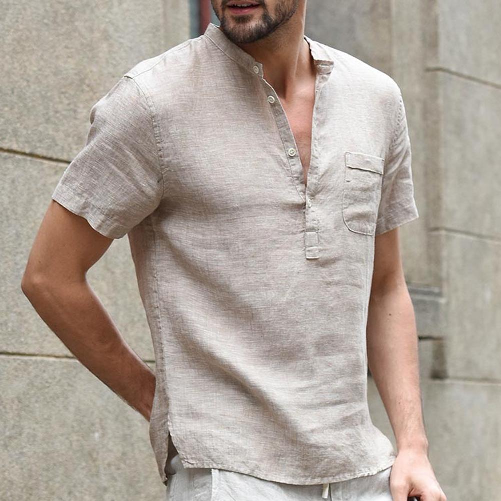 Men Solid Color Polyester Button V Neck Patch Pocket Linen Short Sleeve Plus Size Shirt Summer Top Men Solid Color Polyester Button V Neck Patch Pocket Linen Short Sleeve Plus Size Shirt Summer Top