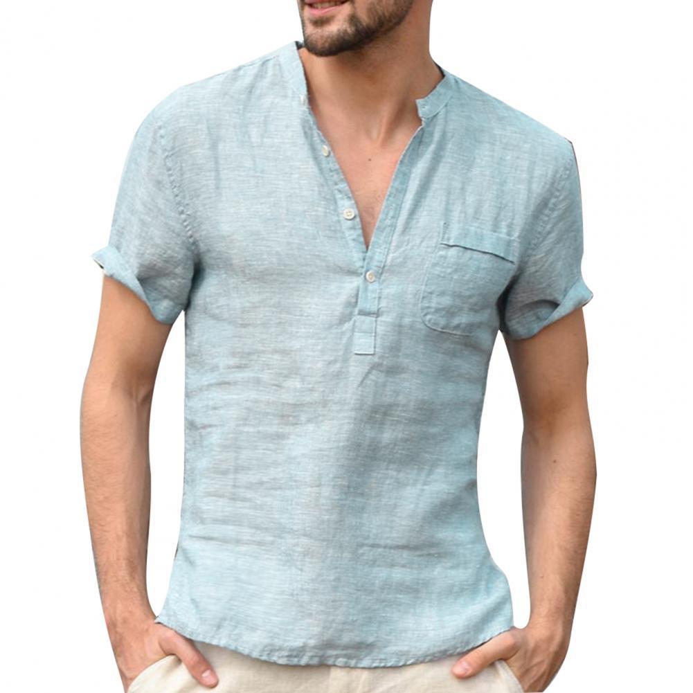 Men Solid Color Polyester Button V Neck Patch Pocket Linen Short Sleeve Plus Size Shirt Summer Top Men Solid Color Polyester Button V Neck Patch Pocket Linen Short Sleeve Plus Size Shirt Summer Top