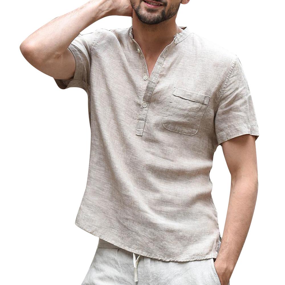Men Solid Color Polyester Button V Neck Patch Pocket Linen Short Sleeve Plus Size Shirt Summer Top Men Solid Color Polyester Button V Neck Patch Pocket Linen Short Sleeve Plus Size Shirt Summer Top