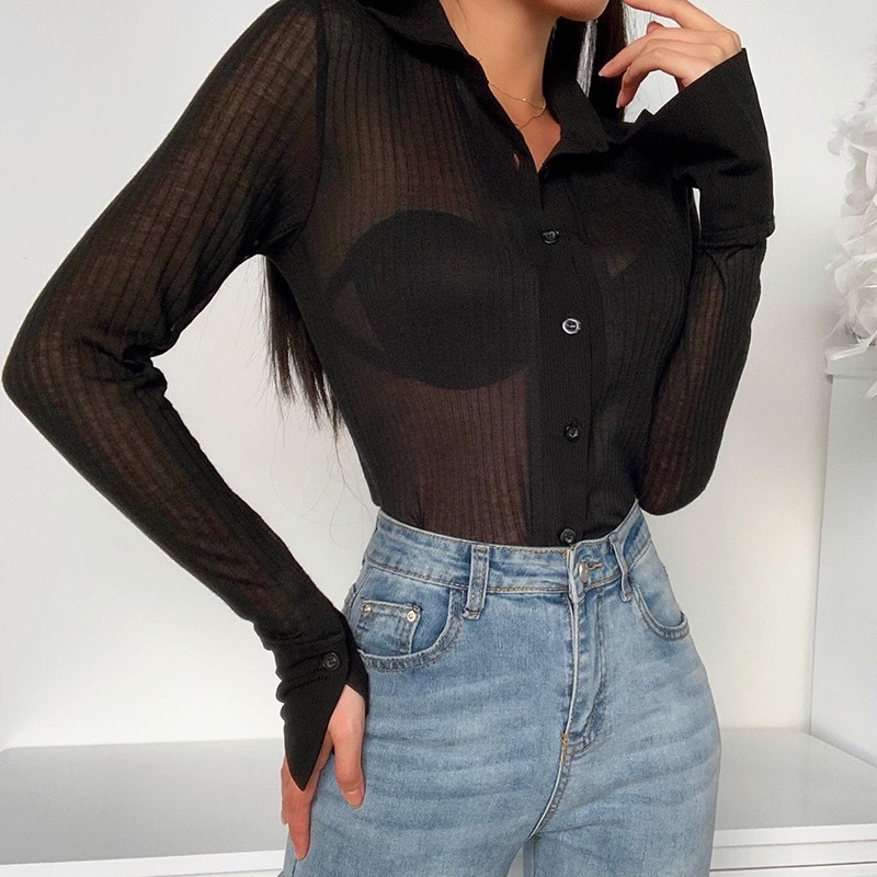 InstaHot Sexy Mesh Shirts Long Sleeve Transparent Turn Down Collar Solid Casual Streetwear Summer Office Lady Blouse Female Top InstaHot Sexy Mesh Shirts Long Sleeve Transparent Turn Down Collar Solid Casual Streetwear Summer Office Lady Blouse Female Top