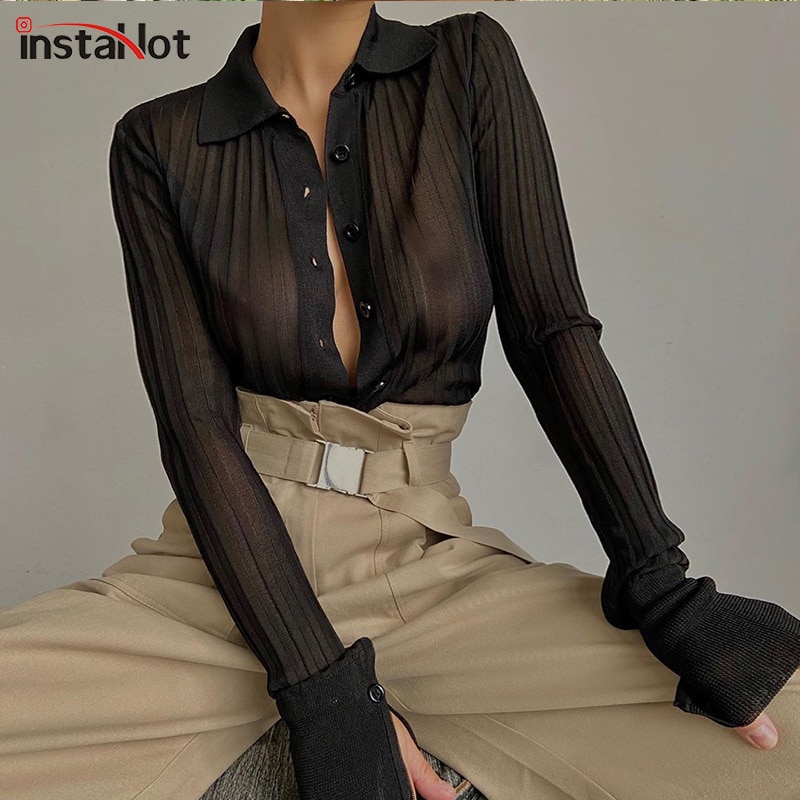 InstaHot Sexy Mesh Shirts Long Sleeve Transparent Turn Down Collar Solid Casual Streetwear Summer Office Lady Blouse Female Top InstaHot Sexy Mesh Shirts Long Sleeve Transparent Turn Down Collar Solid Casual Streetwear Summer Office Lady Blouse Female Top