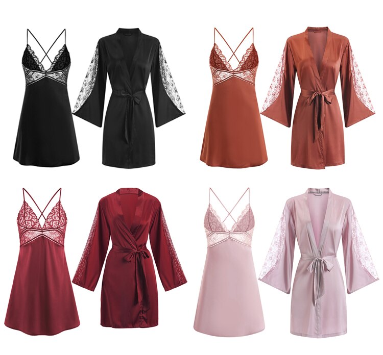 CINOON Sexy Female Sleepwear Silk Robe Set Summer Kimono Bathrobe Lace Bath Gown Wedding Night Dress Home Clothes Nightwear CINOON Sexy Female Sleepwear Silk Robe Set Summer Kimono Bathrobe Lace Bath Gown Wedding Night Dress Home Clothes Nightwear