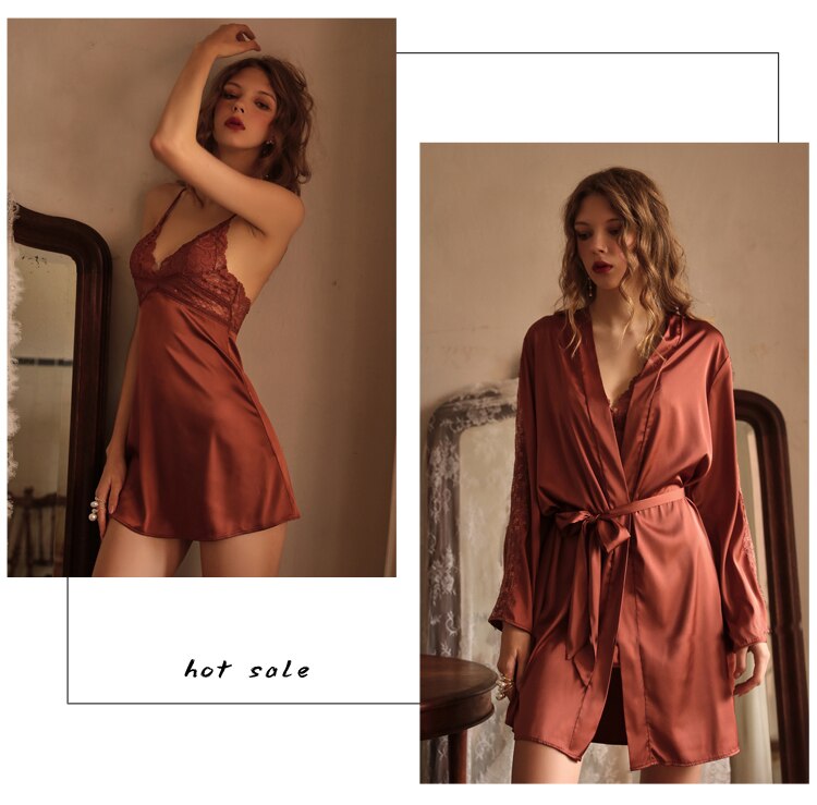 CINOON Sexy Female Sleepwear Silk Robe Set Summer Kimono Bathrobe Lace Bath Gown Wedding Night Dress Home Clothes Nightwear CINOON Sexy Female Sleepwear Silk Robe Set Summer Kimono Bathrobe Lace Bath Gown Wedding Night Dress Home Clothes Nightwear