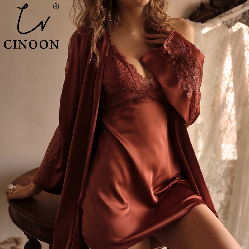 CINOON Sexy Female Sleepwear Silk Robe Set Summer Kimono Bathrobe Lace Bath Gown Wedding Night Dress Home Clothes Nightwear CINOON Sexy Female Sleepwear Silk Robe Set Summer Kimono Bathrobe Lace Bath Gown Wedding Night Dress Home Clothes Nightwear