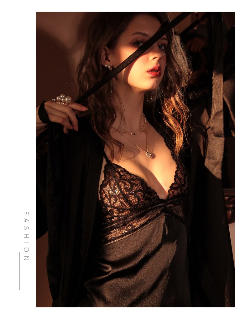 CINOON Sexy Female Sleepwear Silk Robe Set Summer Kimono Bathrobe Lace Bath Gown Wedding Night Dress Home Clothes Nightwear CINOON Sexy Female Sleepwear Silk Robe Set Summer Kimono Bathrobe Lace Bath Gown Wedding Night Dress Home Clothes Nightwear