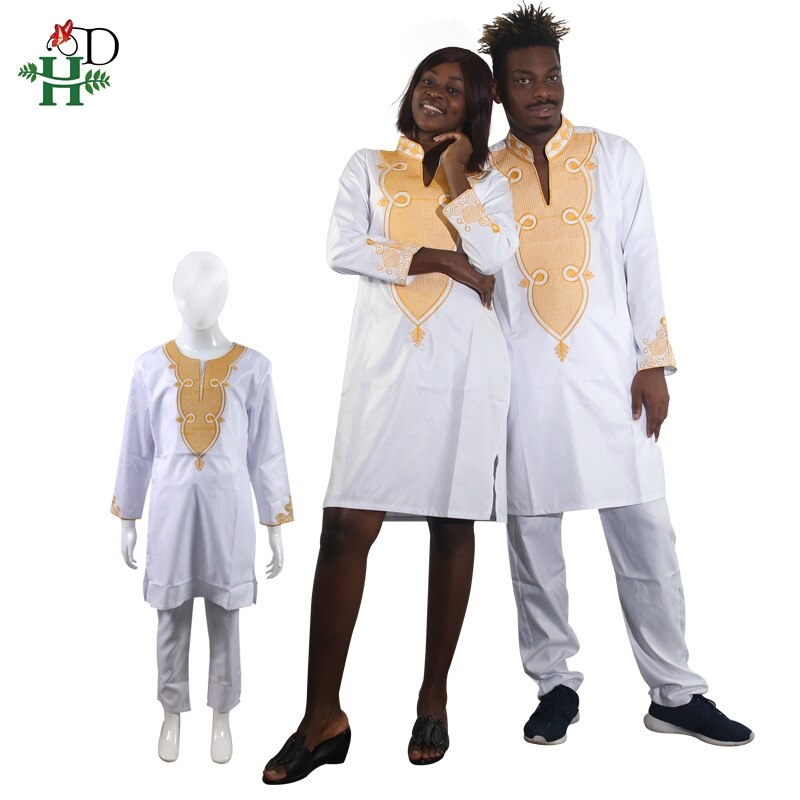 H&D 2021 Mens Clothes African Clothing For Men Women Couple Dress White Robes Dashiki Embroidery Kids Boy Family Clothes 3033