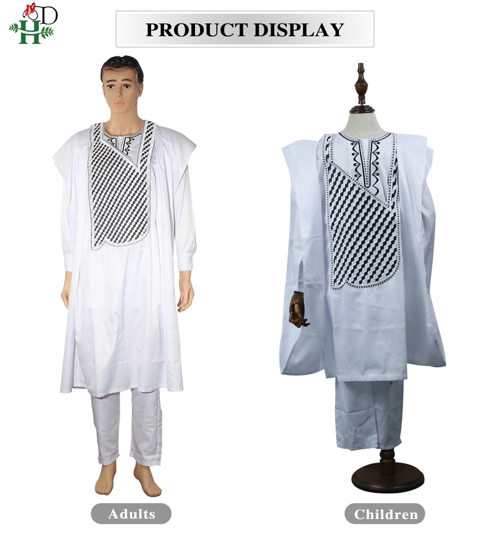 H&D No Cap African Clothes Men Dashiki Father Son Boy Kids Suits Shirt Pant 3 Pieces Set Embroidery White African Mens Clothing H&D No Cap African Clothes Men Dashiki Father Son Boy Kids Suits Shirt Pant 3 Pieces Set Embroidery White African Mens Clothing