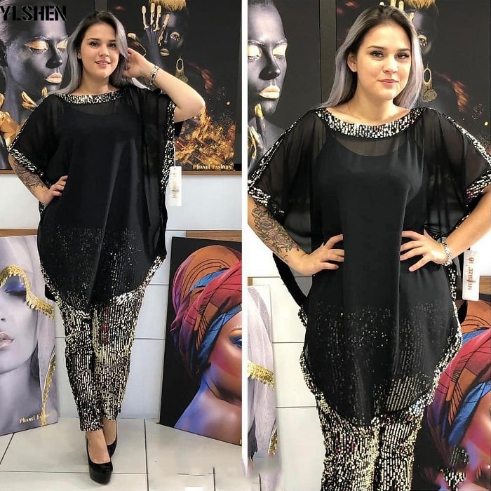 African Dresses for Women 3 Piece Set Dashiki Sequined Top Pants African Clothes Bazin Broder Riche Fashion Robe Africaine Femme African Dresses for Women 3 Piece Set Dashiki Sequined Top Pants African Clothes Bazin Broder Riche Fashion Robe Africaine Femme