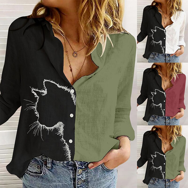 Cat Print Long Sleeve Tshirt Women Spring Summer Casual Button Tops Vintage Loose Shirt Clothes Plus Size Chemisier Femme Cat Print Long Sleeve Tshirt Women Spring Summer Casual Button Tops Vintage Loose Shirt Clothes Plus Size Chemisier Femme