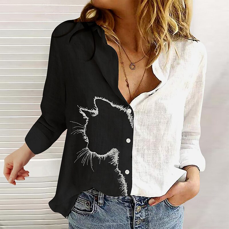 Cat Print Long Sleeve Tshirt Women Spring Summer Casual Button Tops Vintage Loose Shirt Clothes Plus Size Chemisier Femme Cat Print Long Sleeve Tshirt Women Spring Summer Casual Button Tops Vintage Loose Shirt Clothes Plus Size Chemisier Femme