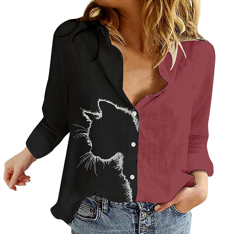 Cat Print Long Sleeve Tshirt Women Spring Summer Casual Button Tops Vintage Loose Shirt Clothes Plus Size Chemisier Femme Cat Print Long Sleeve Tshirt Women Spring Summer Casual Button Tops Vintage Loose Shirt Clothes Plus Size Chemisier Femme