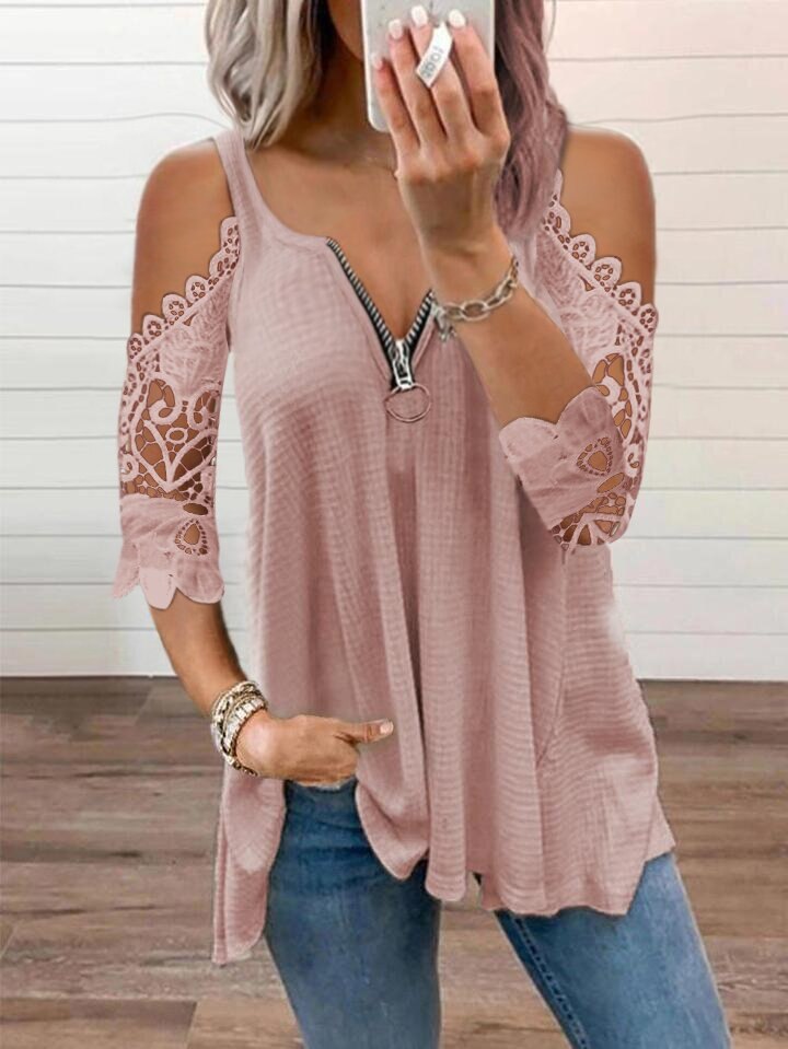 Sexy Summer Half Sleeve Lace Shirt Women Casual Zipper V Neck Loose T Shirt Plus Size Hollow Out Sling Elegant Pullover Tops