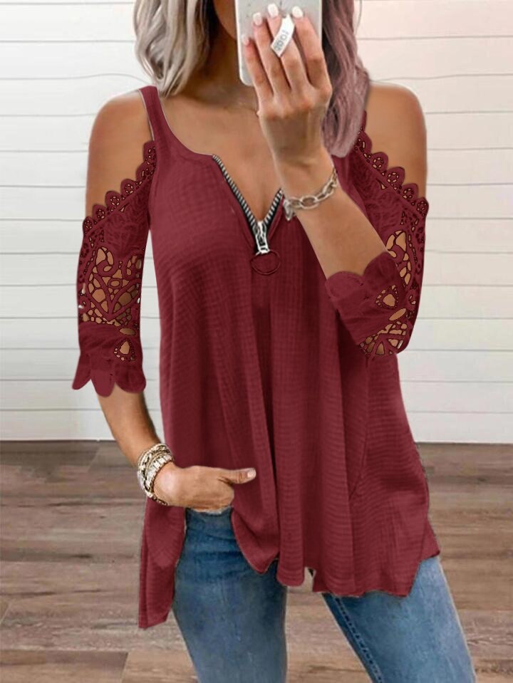 Sexy Summer Half Sleeve Lace Shirt Women Casual Zipper V Neck Loose T Shirt Plus Size Hollow Out Sling Elegant Pullover Tops