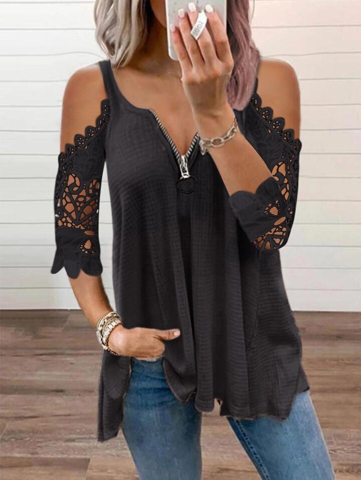 Sexy Summer Half Sleeve Lace Shirt Women Casual Zipper V Neck Loose T Shirt Plus Size Hollow Out Sling Elegant Pullover Tops