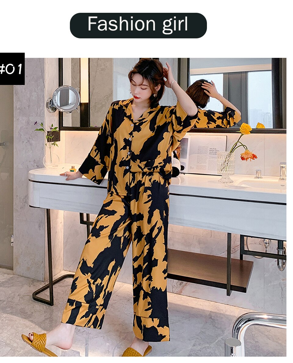 2021 New pyjamas loungewear Sleepwear silk Women's home clothes two piece sets nighty for ladies Long Sleeve Sleeping Shirt 2021 New pyjamas loungewear Sleepwear silk Women's home clothes two piece sets nighty for ladies Long Sleeve Sleeping Shirt