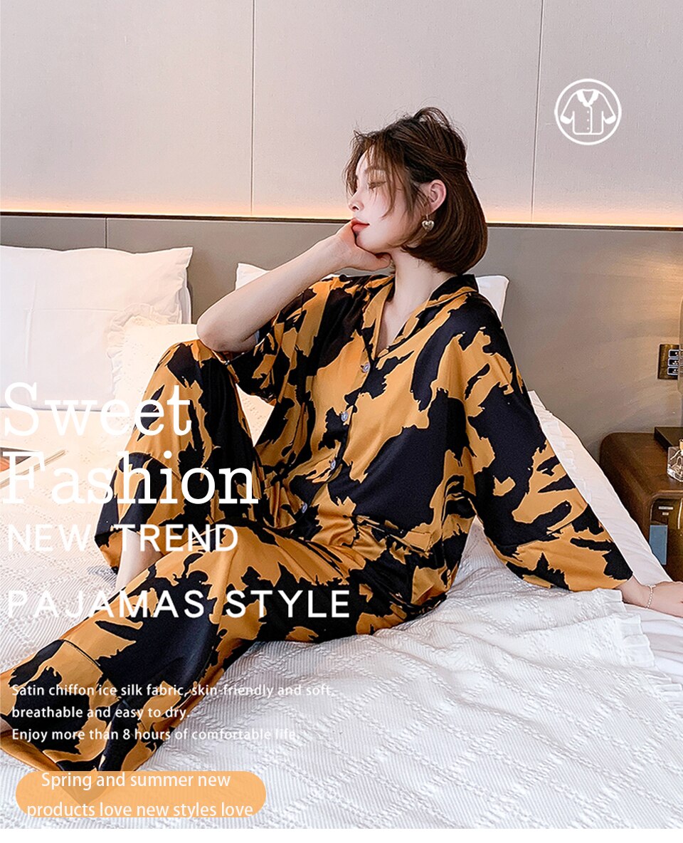 2021 New pyjamas loungewear Sleepwear silk Women's home clothes two piece sets nighty for ladies Long Sleeve Sleeping Shirt 2021 New pyjamas loungewear Sleepwear silk Women's home clothes two piece sets nighty for ladies Long Sleeve Sleeping Shirt