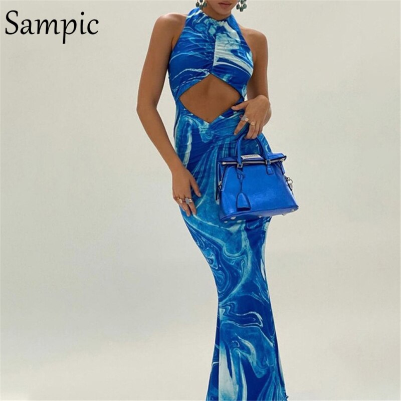 Sampic Y2K Tie Dye Blue Sexy Women Backless O Neck Long Bodycon Summer Party Dress Ruched Sleeveless Casual Hollow Out Dresses