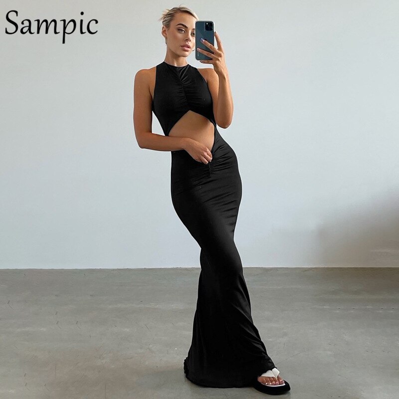 Sampic Y2K Tie Dye Blue Sexy Women Backless O Neck Long Bodycon Summer Party Dress Ruched Sleeveless Casual Hollow Out Dresses