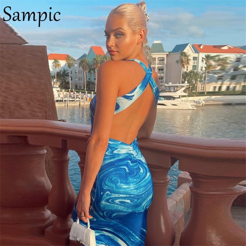 Sampic Y2K Tie Dye Blue Sexy Women Backless O Neck Long Bodycon Summer Party Dress Ruched Sleeveless Casual Hollow Out Dresses