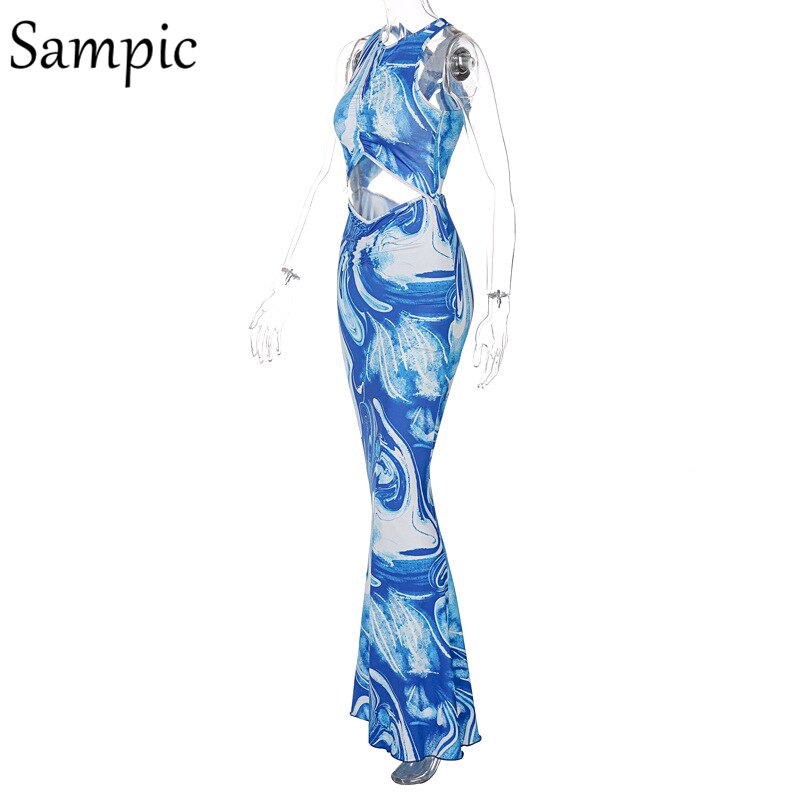 Sampic Y2K Tie Dye Blue Sexy Women Backless O Neck Long Bodycon Summer Party Dress Ruched Sleeveless Casual Hollow Out Dresses