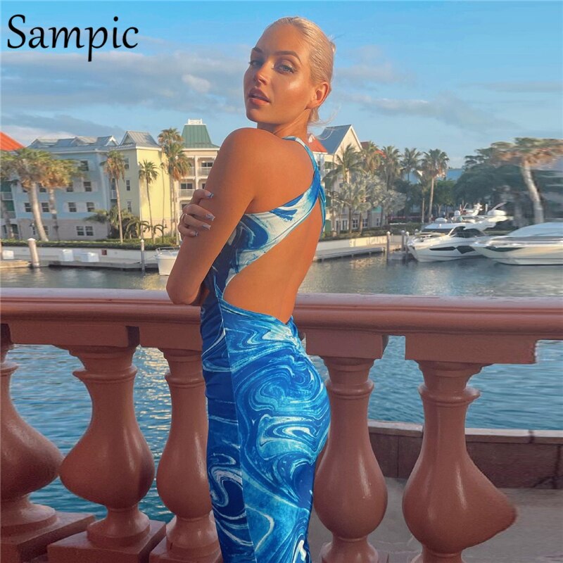 Sampic Y2K Tie Dye Blue Sexy Women Backless O Neck Long Bodycon Summer Party Dress Ruched Sleeveless Casual Hollow Out Dresses