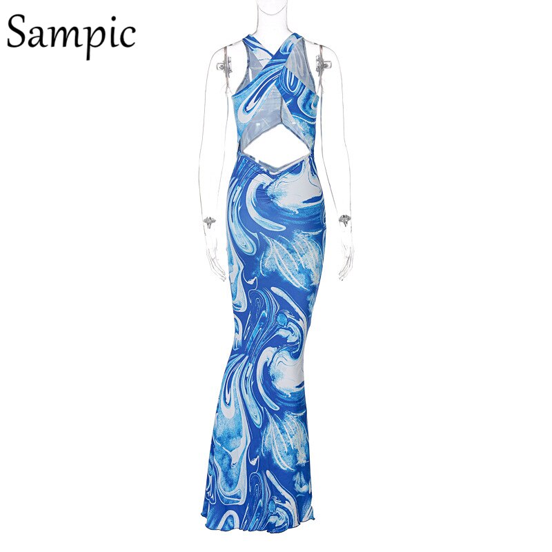 Sampic Y2K Tie Dye Blue Sexy Women Backless O Neck Long Bodycon Summer Party Dress Ruched Sleeveless Casual Hollow Out Dresses