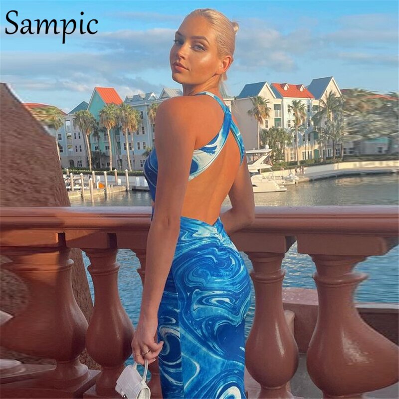 Sampic Y2K Tie Dye Blue Sexy Women Backless O Neck Long Bodycon Summer Party Dress Ruched Sleeveless Casual Hollow Out Dresses
