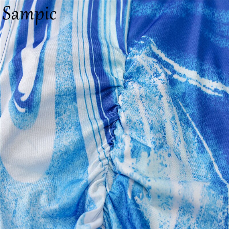 Sampic Y2K Tie Dye Blue Sexy Women Backless O Neck Long Bodycon Summer Party Dress Ruched Sleeveless Casual Hollow Out Dresses