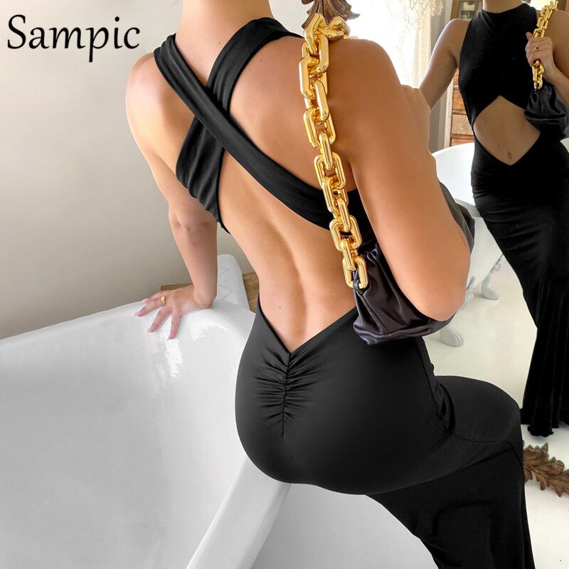 Sampic Y2K Tie Dye Blue Sexy Women Backless O Neck Long Bodycon Summer Party Dress Ruched Sleeveless Casual Hollow Out Dresses