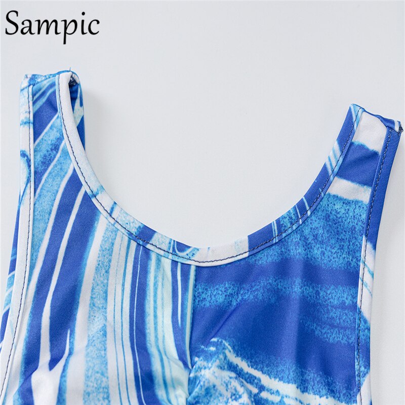 Sampic Y2K Tie Dye Blue Sexy Women Backless O Neck Long Bodycon Summer Party Dress Ruched Sleeveless Casual Hollow Out Dresses