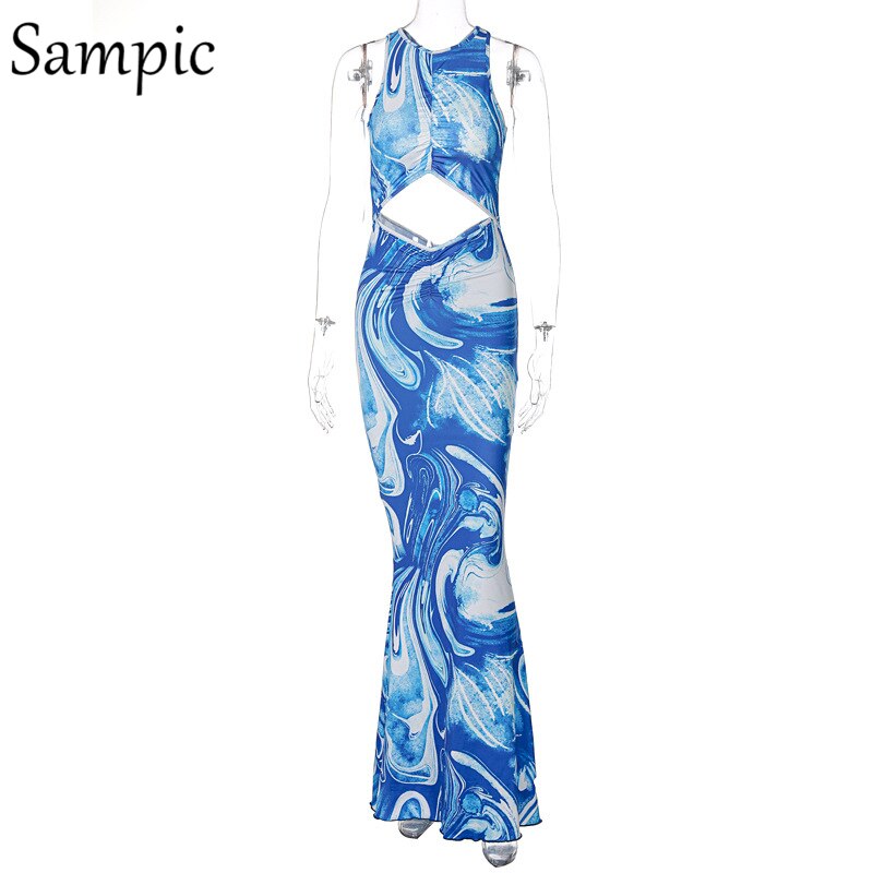 Sampic Y2K Tie Dye Blue Sexy Women Backless O Neck Long Bodycon Summer Party Dress Ruched Sleeveless Casual Hollow Out Dresses