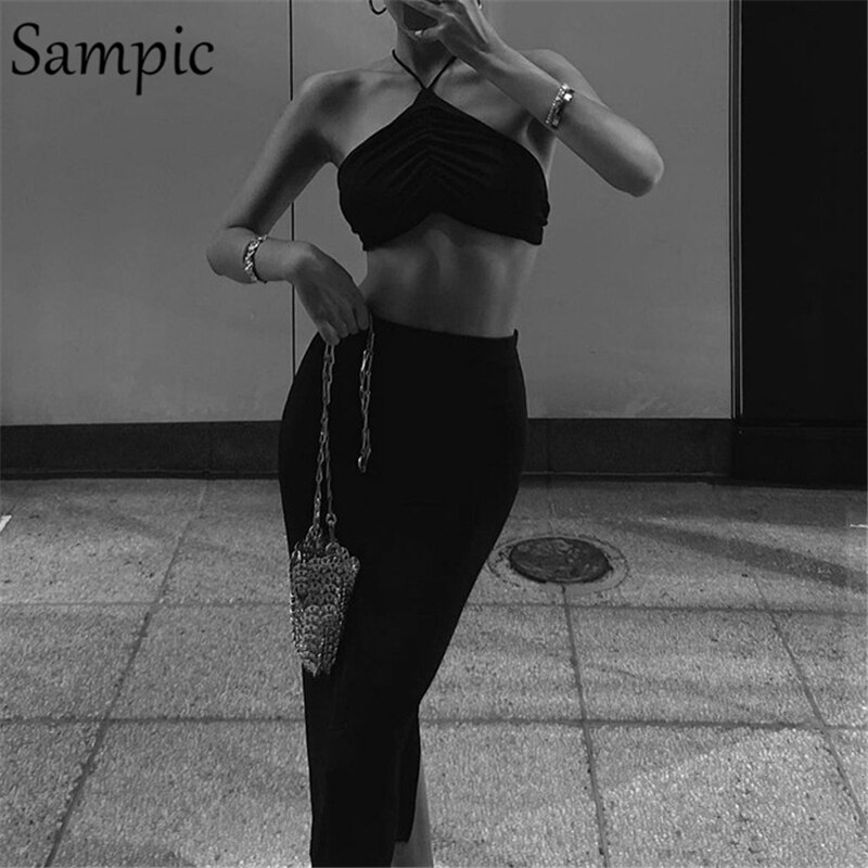 Sampic Sexy Women Casual Summer Beach Split Midi Skirt Set Halter Tops And Bodycon Club Skirt Suit Two Piece Set Outfits