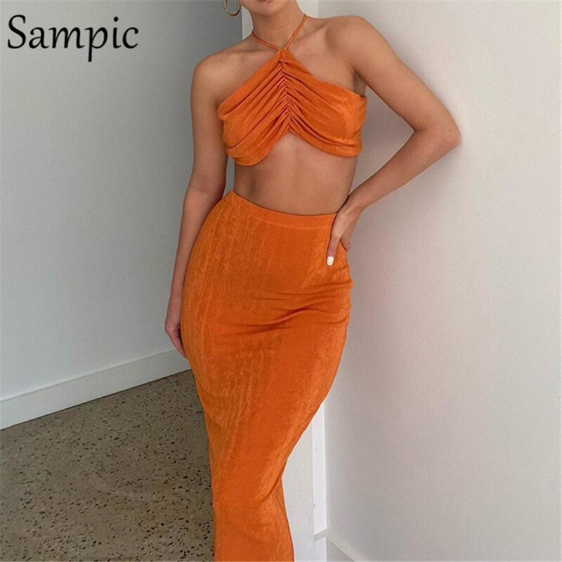 Sampic Sexy Women Casual Summer Beach Split Midi Skirt Set Halter Tops And Bodycon Club Skirt Suit Two Piece Set Outfits