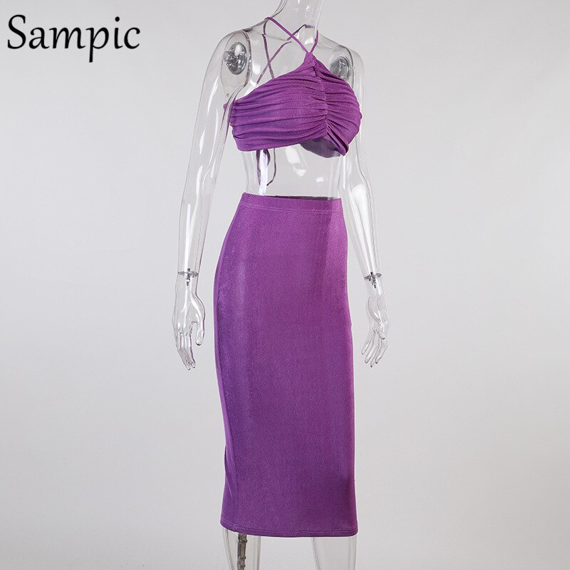 Sampic Sexy Women Casual Summer Beach Split Midi Skirt Set Halter Tops And Bodycon Club Skirt Suit Two Piece Set Outfits