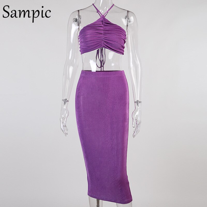 Sampic Sexy Women Casual Summer Beach Split Midi Skirt Set Halter Tops And Bodycon Club Skirt Suit Two Piece Set Outfits
