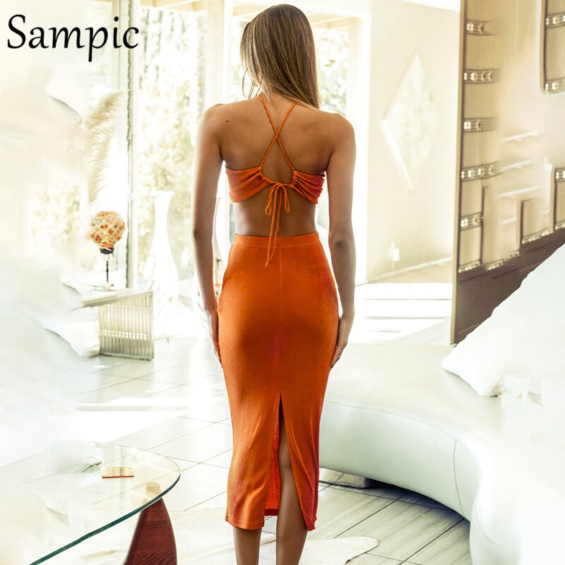 Sampic Sexy Women Casual Summer Beach Split Midi Skirt Set Halter Tops And Bodycon Club Skirt Suit Two Piece Set Outfits