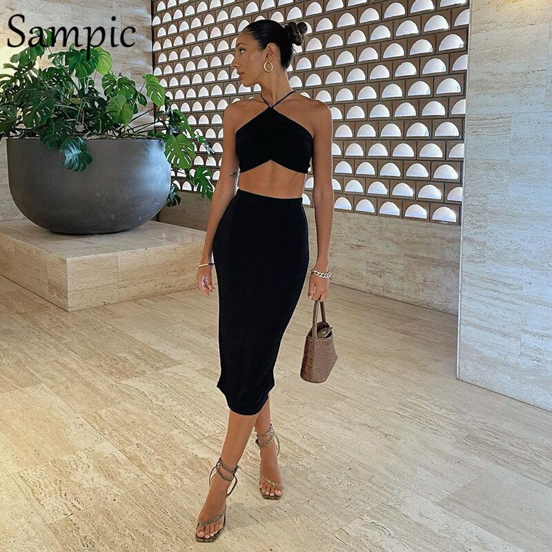 Sampic Sexy Women Casual Summer Beach Split Midi Skirt Set Halter Tops And Bodycon Club Skirt Suit Two Piece Set Outfits