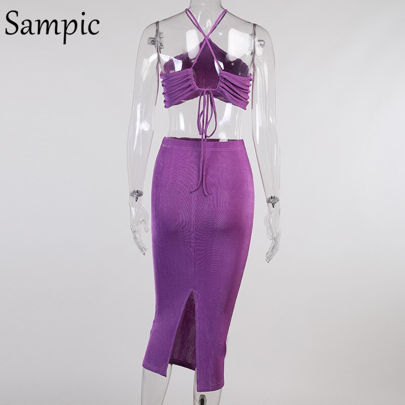 Sampic Sexy Women Casual Summer Beach Split Midi Skirt Set Halter Tops And Bodycon Club Skirt Suit Two Piece Set Outfits